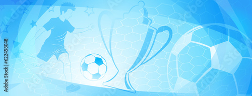 Abstract soccer background with a football player kicking the ball and other sport symbols in light blue colors