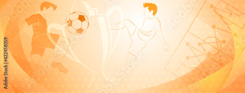 Abstract soccer background with a football players kicking the ball and other sport symbols in yellow colors