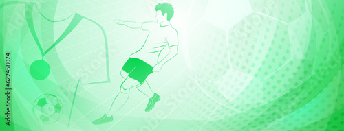Abstract soccer background with a football player kicking the ball and other sport symbols in green colors