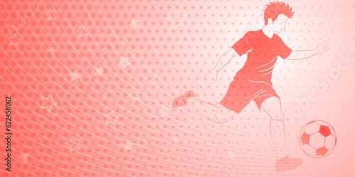 Abstract soccer background with a football player kicking the ball and other sport symbols in red colors