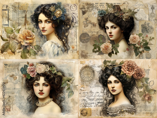 VIntage portrait of beautiful young woman. Victorian style background with pastel flowers. Generative AI © LiliGraphie