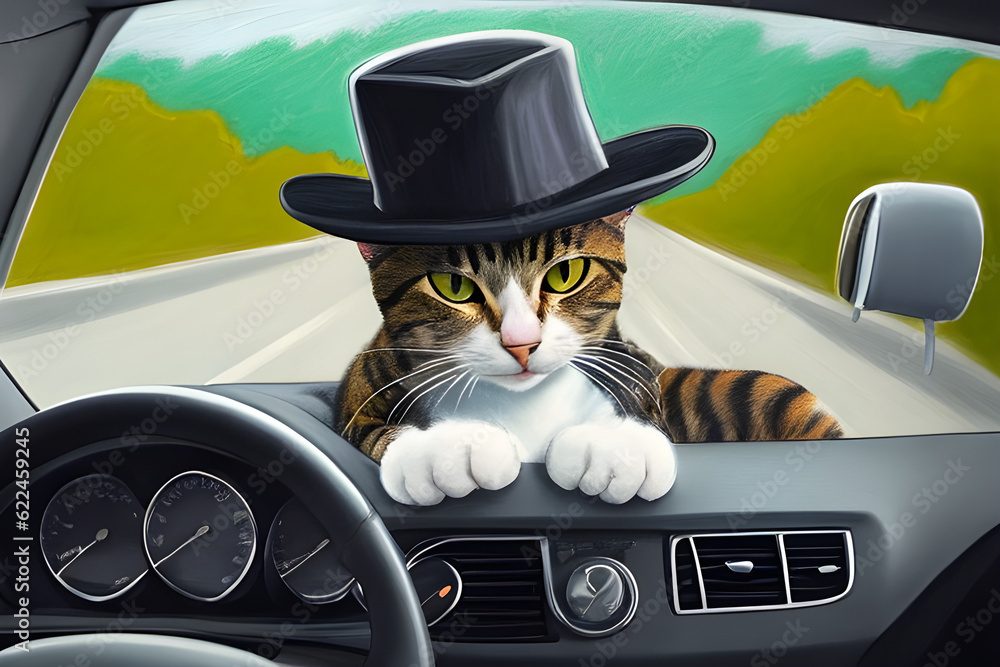 a picture of a cat driving in a hat generative ai