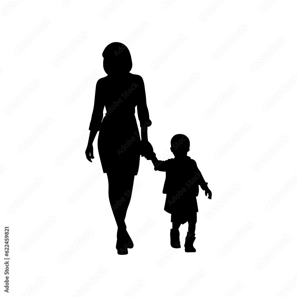 Vector illustration. Silhouette of women mother walking hand in hand with her child.
