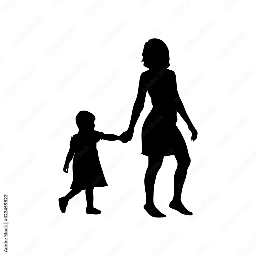 Vector illustration. Silhouette of women mother walking hand in hand with her child. Vector illustration. Silhouette of women mother walking hand in hand with her child.