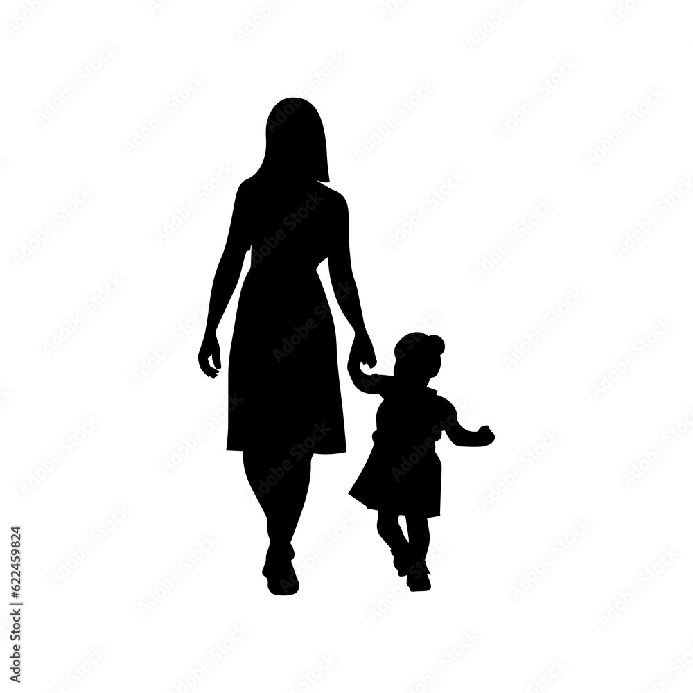 Vector illustration. Silhouette of women mother walking hand in hand