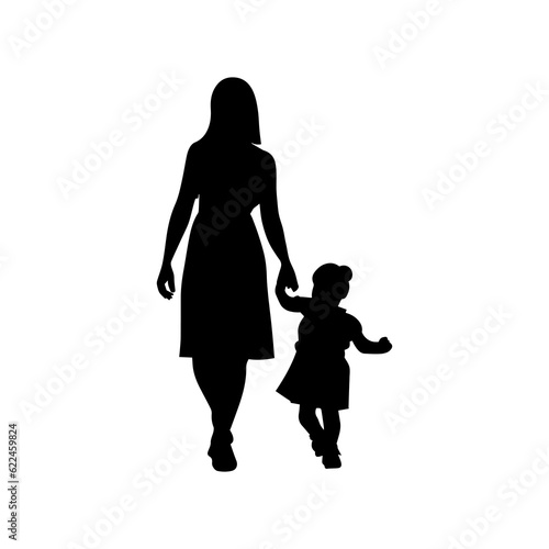 Vector illustration. Silhouette of women mother walking hand in hand with her child.