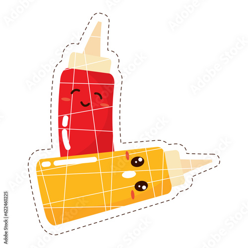 Isolated colored cute happy ketchup bottles emoji sticker Vector