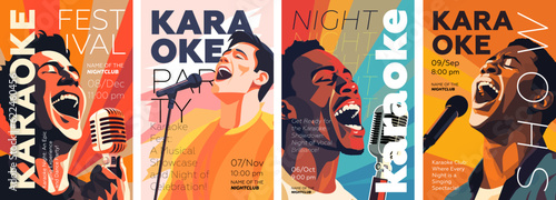 Karaoke party show poster set. Music night club festival drawing art prints. Man sing song into mic. Musical event artwork placard template with singing people. Trendy typography banner vector design
