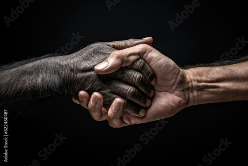 Human and primate ape monkey hand held together. Animals and people coexisting together, or evolution concept. Generative AI photo