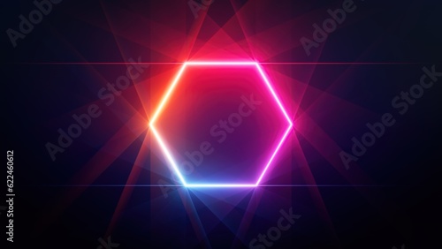 3d render, abstract neon background with red blue hexagonal frame glowing in the dark. Minimalist geometric wallpaper