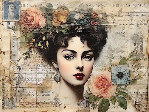 Victorian style background for scrapbooking and decoupage. Young beautiful woman with floral decoration. Generative AI photo