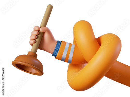 Billede på lærred 3d render, elastic knotted cartoon caucasian human hand holds plunger