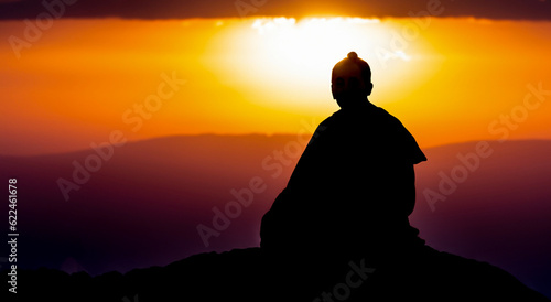 buddhist person meditating on the mountain in a beautiful sunset