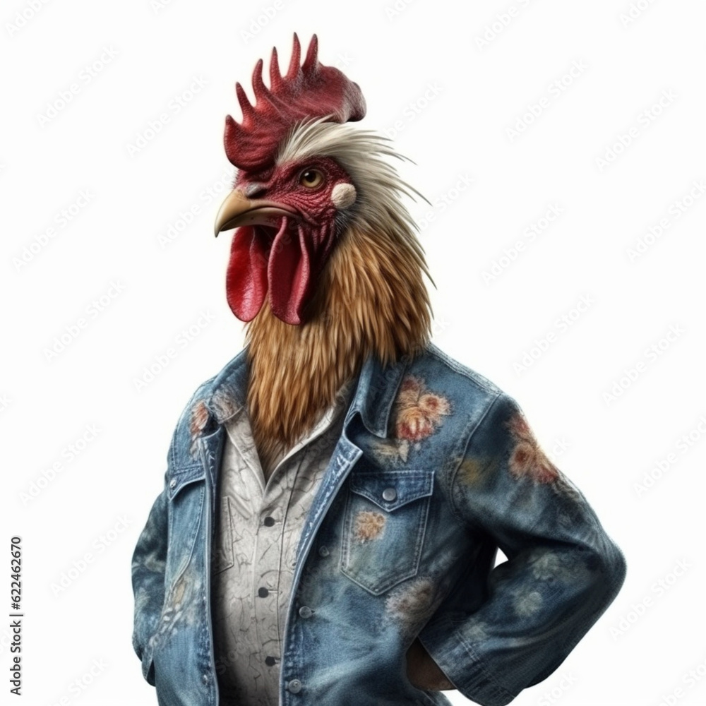 A Chicken wearing clothes like a Boss Art