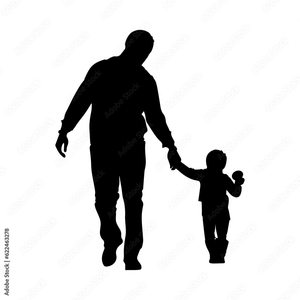 Vector illustration. Silhouette of a father walking hand in hand with his child son.