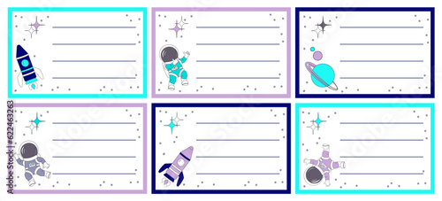Set of notebook name stickers with space elements: astronauts, planet, rockets, stars. Vector illustration for school supplies.