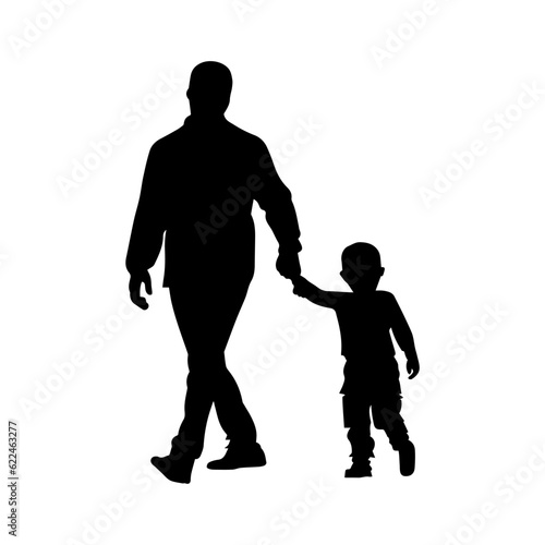 Vector illustration. Silhouette of a father walking hand in hand with his child son.
