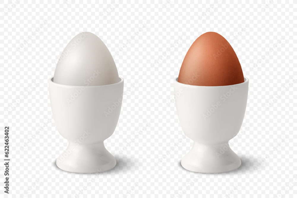 Vector 3d Realistic White and Brown Chicken Eggs in a White Ceramic, Porcelain Boiled Egg Cup Holder, Stand for Breakfast. Chicken Egg Icon, Isolated, Front View Vector 3d Realistic White and Brown Chicken Eggs in a White Ceramic, Porcelain Boiled Egg Cup Holder, Stand for Breakfast. Chicken Egg Icon, Isolated, Front View