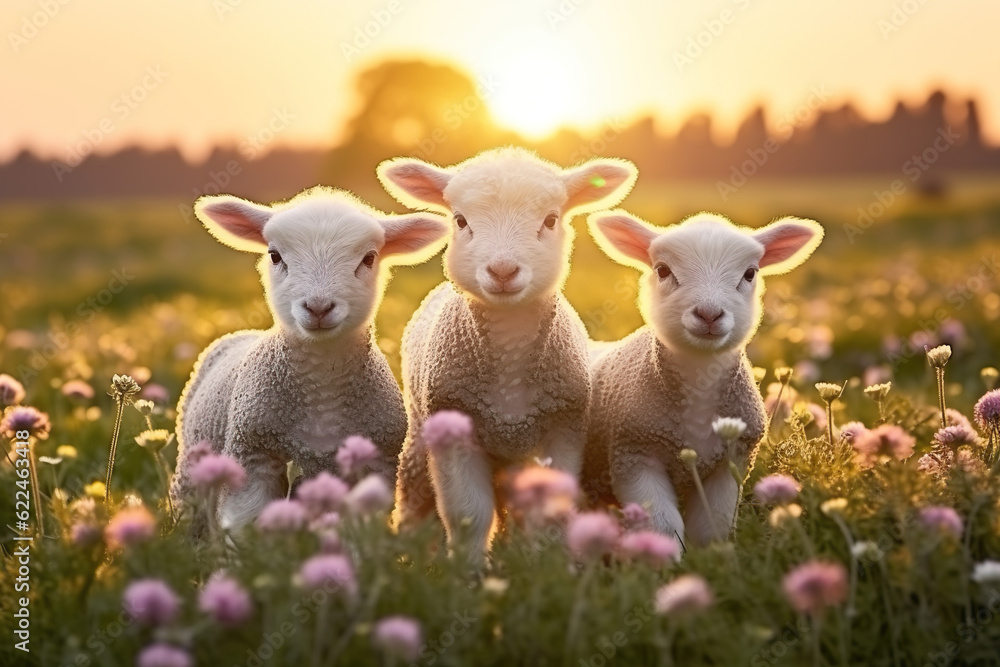 cute little lambs with sheep on fresh green meadow during sunrise Newborn lambs in flower field, cute summer landscape | Generative AI