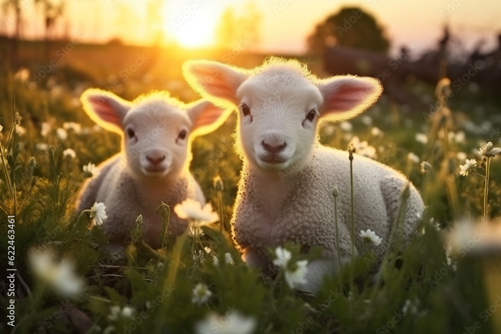 cute little lambs with sheep on fresh green meadow during sunrise Newborn lambs in flower field, cute summer landscape | Generative AI cute little lambs with sheep on fresh green meadow during sunrise Newborn lambs in flower field, cute summer landscape | Generative AI