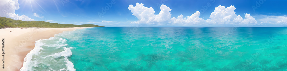 Panorama of ocean beach on a sunny day with waves crashing on the shore. Seascape illustration with sand beach, turquoise water, sun and sky with clouds. Generative AI
