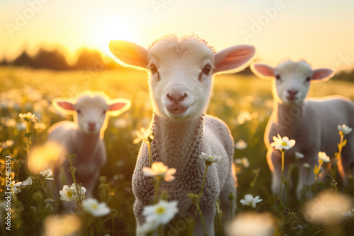 cute little lambs with sheep on fresh green meadow during sunrise Newborn lambs in flower field, cute summer landscape | Generative AI