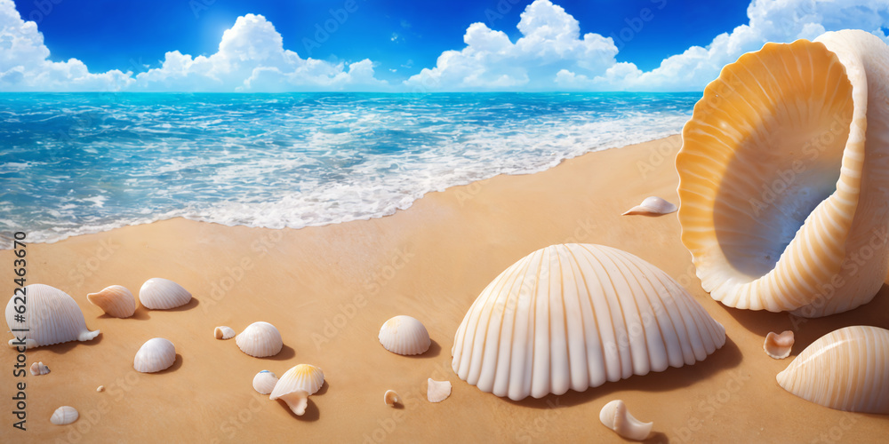 Ocean beach on a sunny day with one big and several small sea shells. Seascape illustration with sand beach, waves, turquoise water and sky with white clouds. Generative AI Ocean beach on a sunny day with one big and several small sea shells. Seascape illustration with sand beach, waves, turquoise water and sky with white clouds. Generative AI