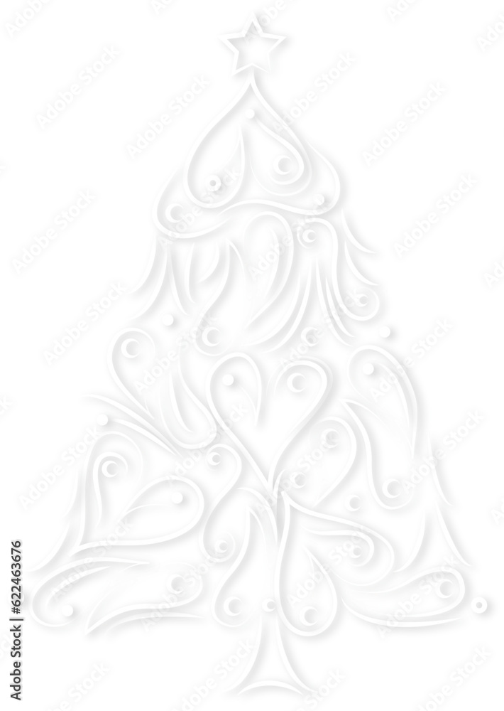 Vintage snowy Christmas tree on white background. Vector illustration of Christmas lace tree ornamental decoration with white snowflakes. Card Isolated.