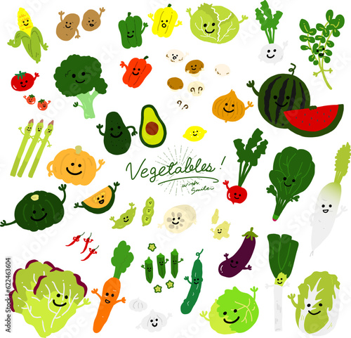 顔のついた手描き野菜キャラクターのアイコンイラスト。ベクターは手の位置が変更できます。