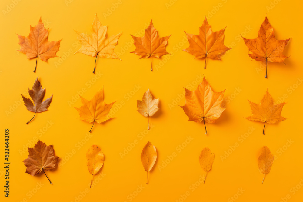Colorful autumn set of leaves arranged on a bright orange background Colorful autumn set of leaves arranged on a bright orange background