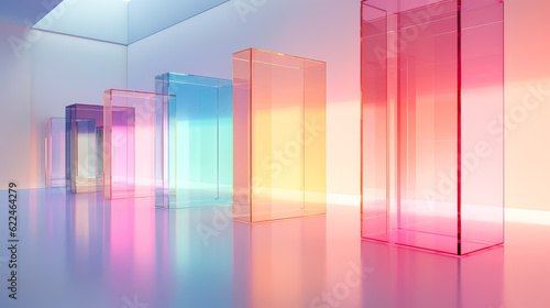 Colorful transparent glass panels boxes in the style of pastel color schemes, three-dimensional space, minimalist wallpaper backgrounds. 
