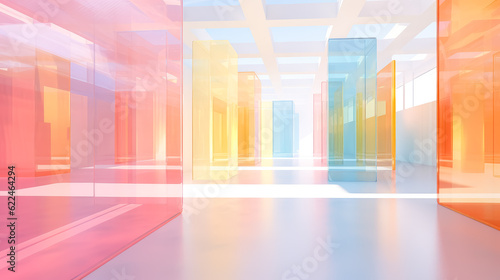 Colorful transparent glass panels boxes in the style of pastel color schemes, three-dimensional space, minimalist wallpaper backgrounds. 