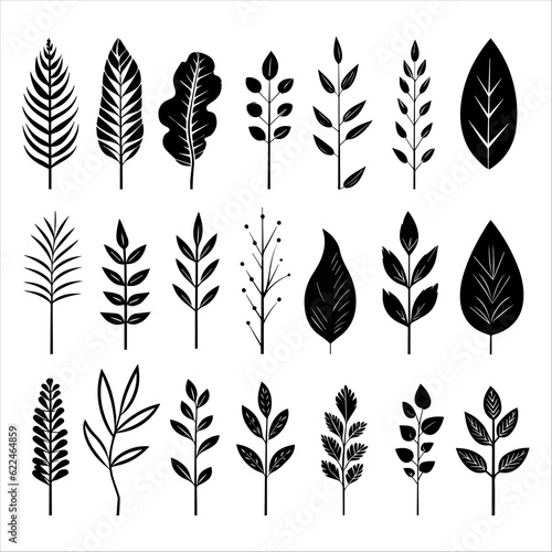 Artistic vector depiction of hand drawn leaves in various shapes and sizes