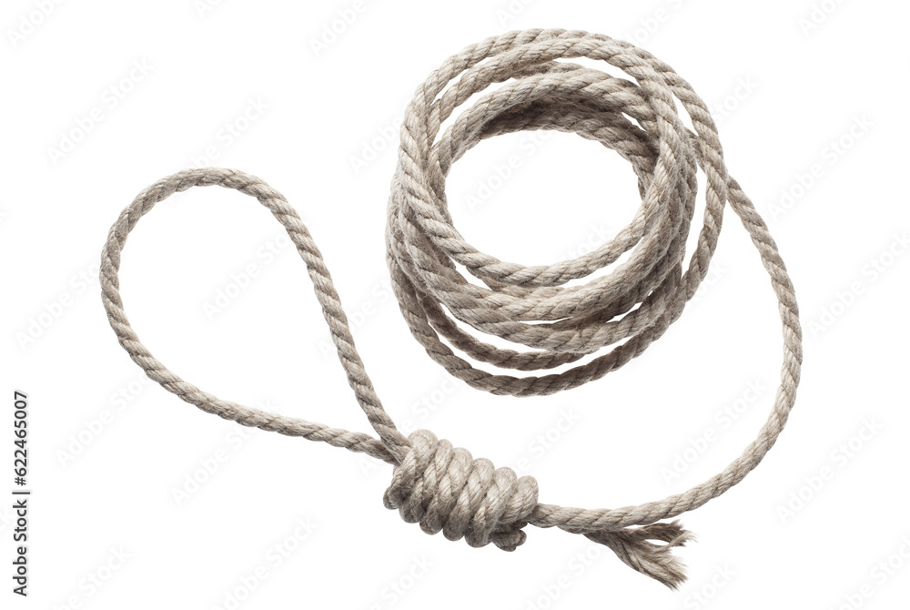 Roll of a thin rope with a loop for hanging, cut out