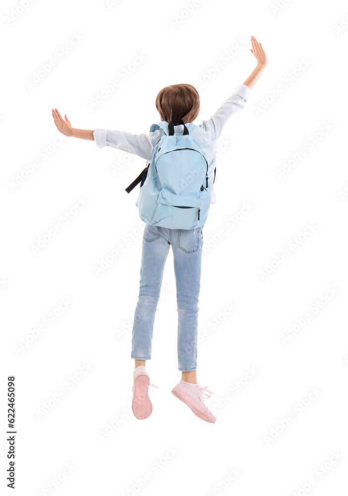 Jumping little girl with schoolbag on white background, back view Jumping little girl with schoolbag on white background, back view