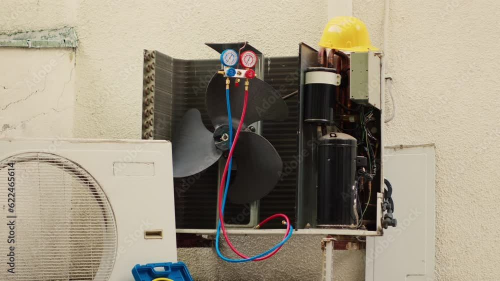 Zoom in shot of damaged external air cooling unit with protection cover