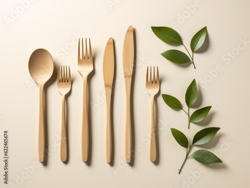 Wooden decomposable forks, spoons and knives on a light surface with green leaves.conceptual ecology and recycling problem.flat lay. Generative AI