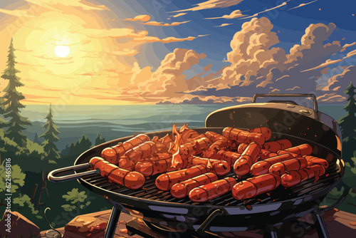 cartoon vector illustration of Fried sausages cooking on a state-of-the-art outdoor grill setup.