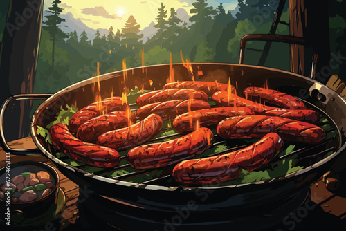 cartoon vector illustration of Grilled sausages on a contemporary open-air cooking device, sizzling away.