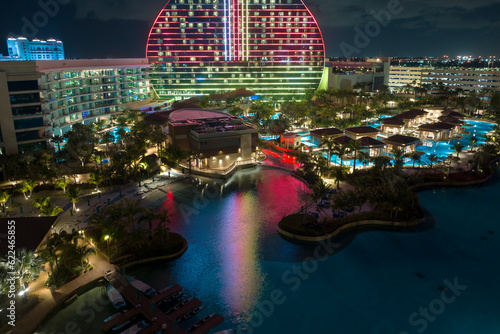 Canvas Print Aerial view of guitar shaped Seminole Hard Rock Hotel and Casino structure illum