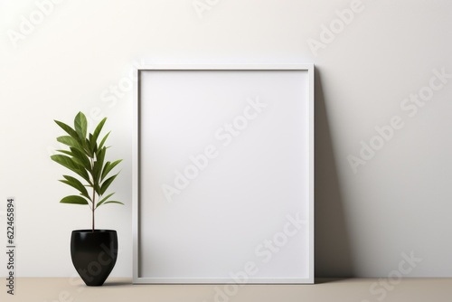 Mockup frame, Minimalist White Table with a Sleek, Modern Black Mockup Frame. Generative AI