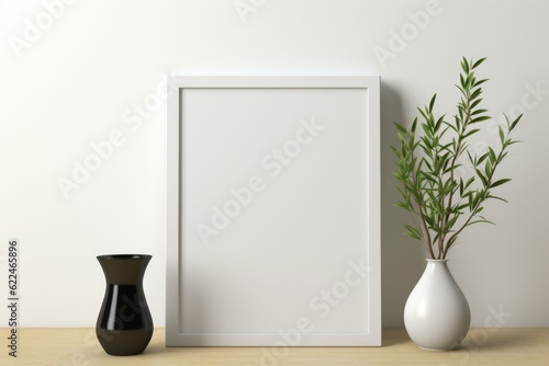 Mockup frame  Minimalist White Table with a Sleek  Modern Black Mockup Frame. Generative AI