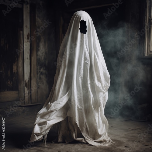 Creepy Halloween Ghost Standing in an Old, Dark, Foggy Room, Hole Faced