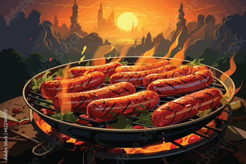 cartoon vector illustration of Sizzling hot dog cartoon on a grill during a sunny cookout.