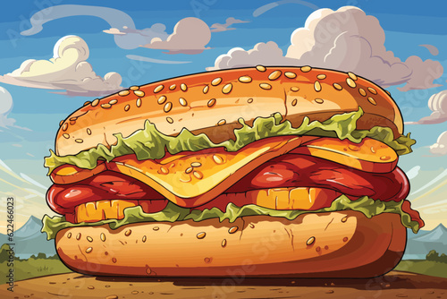 cartoon vector illustration of Smiling man offering a delicious German bratwurst at a bustling outdoor market.