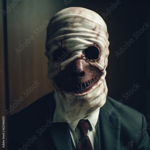 Halloween Portrait of a Man with a Bloody Bandage Mask and Sharp Teeth, Creepy Concept, Scary Looking Killer Pose
