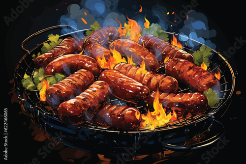 vector illustration of Assorted sausages sizzling on a barbecue grill at a backyard cookout.