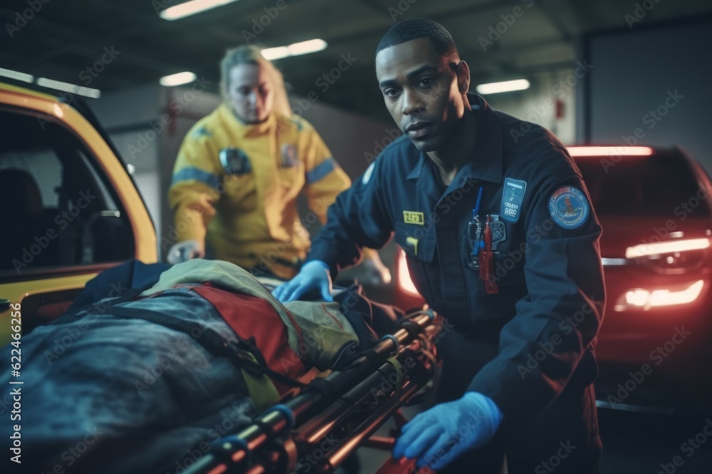 Emergency doctors. Rescuers at work. Background with selective focus. AI generated, human enhanced Emergency doctors. Rescuers at work. Background with selective focus. AI generated, human enhanced