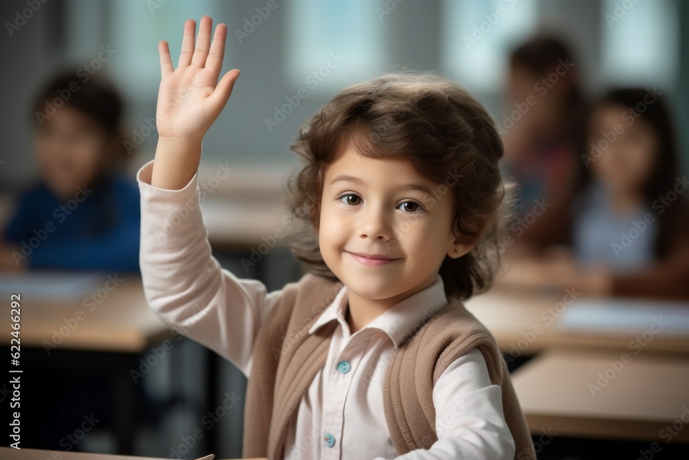 The child raises his hand for an answer in the classroom. Back To School concept. Backdrop with selective focus The child raises his hand for an answer in the classroom. Back To School concept. Backdrop with selective focus