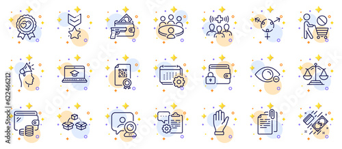 Outline set of Winner medal, Meeting and Website education line icons for web app. Include Lock, Clipboard, Qr code pictogram icons. Document attachment, Payment, Calendar signs. Vector